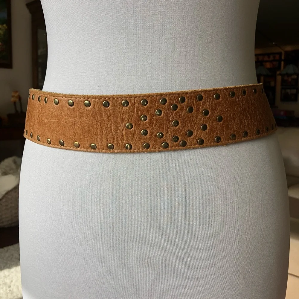 Studded Tan Leather Belt with Gold Buckle